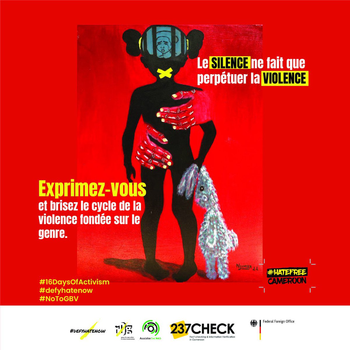 DefyhatenowWCA's tweet photo. Le silence ne fait que perpétuer la violence, exprimez vous et briser le cycle de la violence fondée sur le genre. 

No one can do everything but everyone can do something positive by joining the campaign to #EndGBV  

#16DaysOfActivism
#EndGBVEverwhere  
#Act4Peace
#He4She https://t.co/y8cLeO0Joe