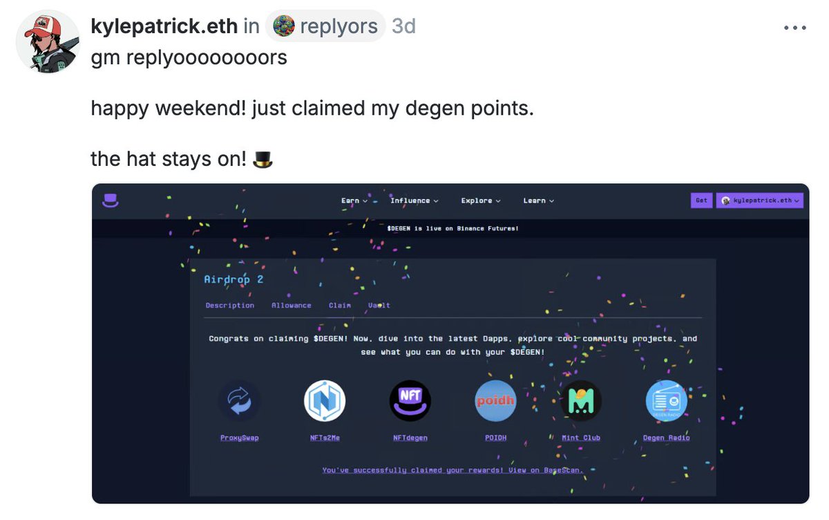 degentokenbase's tweet photo. 🎄 Advent of Degen - Day 3 🎄 Today, let’s tip our hats (and bags) to the legendary $DEGEN bullposter—kylepatrick.eth! Let’s show some degen love by dropping tips into the cast below 👇 to recognize his epic contributions to the $DEGEN fam.

https://t.co/I1Itd8ZfiC https://t.co/oa2raXeSYY