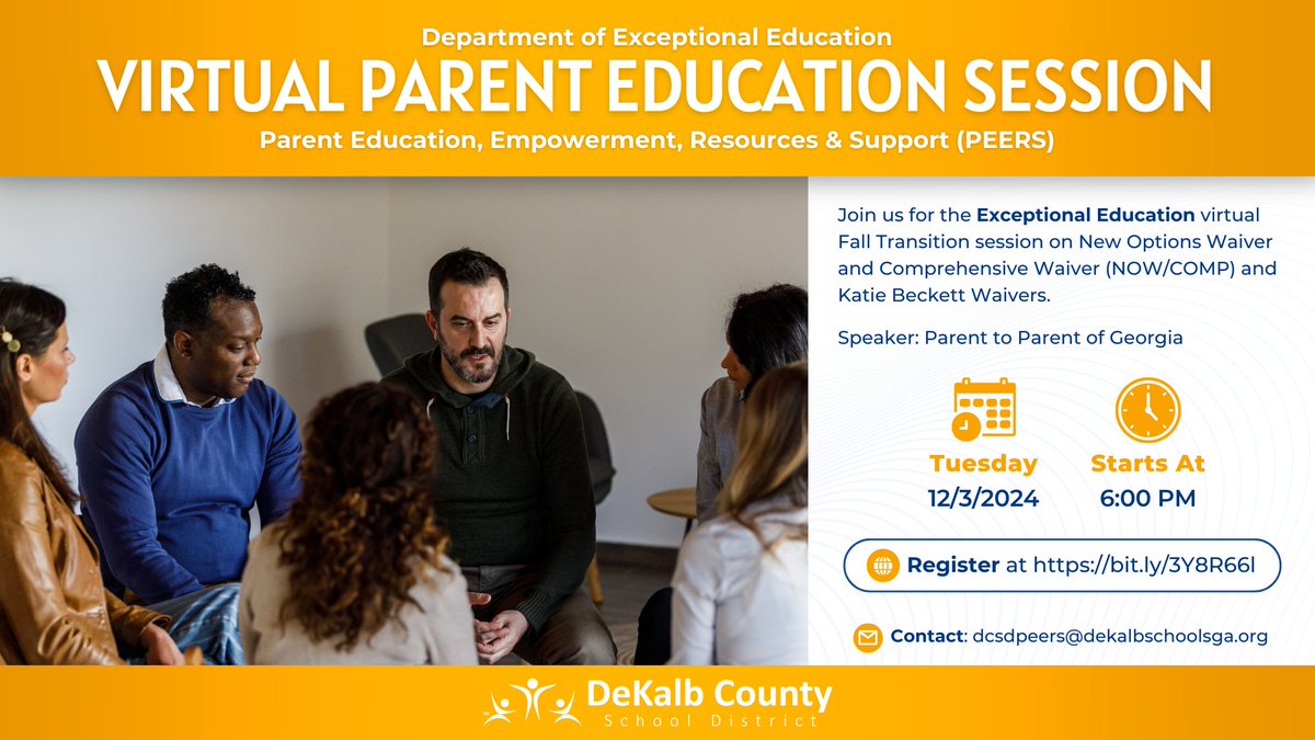 DeKalb Schools, GA (@dekalbschools) on Twitter photo 🌟 Join us TODAY for the <a href="/ExEdDeptDCSD/">Dekalb County Exceptional Education</a>'s Virtual Parent Education Session on NOW/COMP & Katie Beckett Waivers! 🌟
📅 TODAY, Tues., Dec. 3
🕕 6:00 - 7:30 PM
📲 Register now at bit.ly/3Y8R66l.
For more information, contact dcsdpeers@dekalbschoolsga.org. 🌟 Join us TODAY for the <a href="/ExEdDeptDCSD/">Dekalb County Exceptional Education</a>'s Virtual Parent Education Session on NOW/COMP & Katie Beckett Waivers! 🌟
📅 TODAY, Tues., Dec. 3
🕕 6:00 - 7:30 PM
📲 Register now at bit.ly/3Y8R66l.
For more information, contact dcsdpeers@dekalbschoolsga.org.