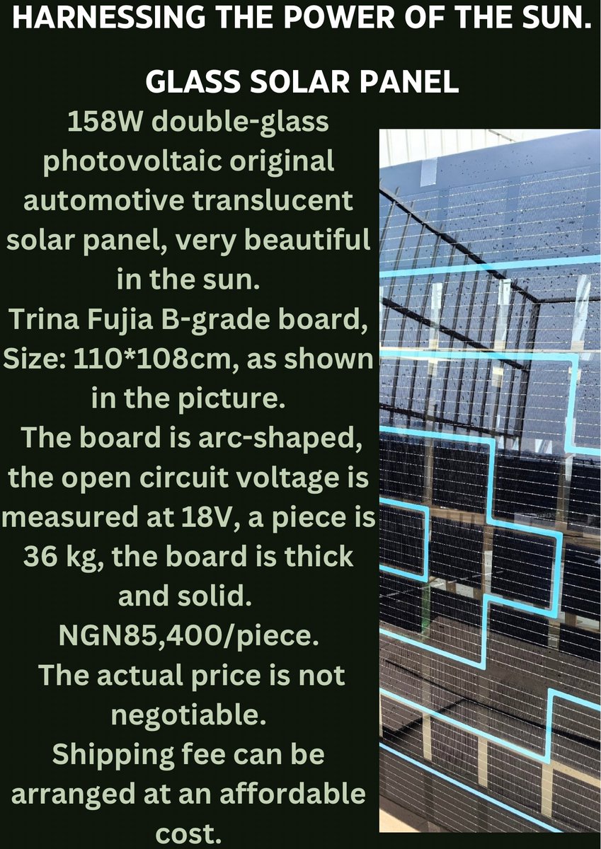 BoldStepPH's tweet photo. GLASS SOLAR PANEL
No more delays!
Fast and secure shipping from China to your doorstep in Nigeria.
#SkyIsTheLimit #GrowBeyondBorders
#ScaleYourBusiness #ExpandYourHorizon
#GlobalConnections #glasssolarpanel #Solarpanel #solarinverter https://t.co/5YPGo29SoE