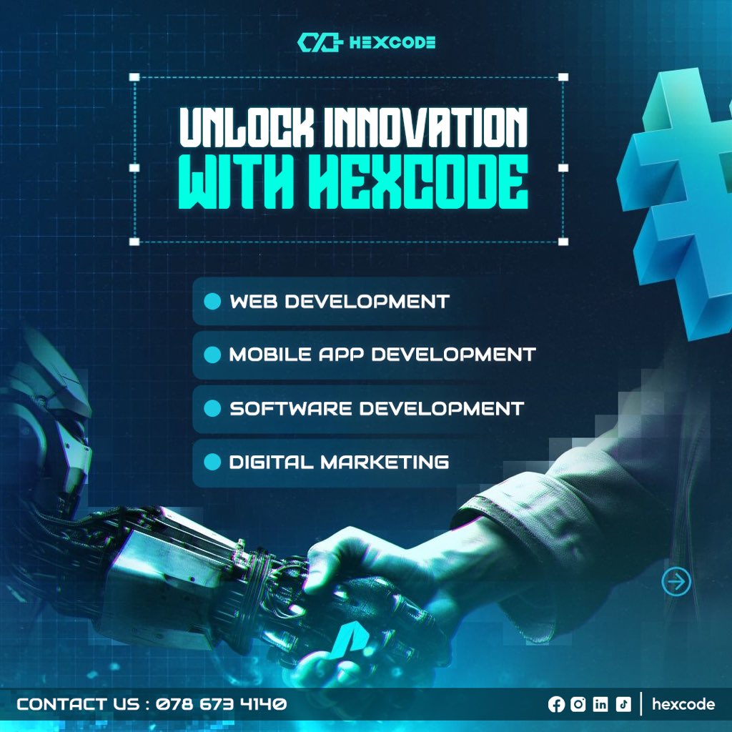 HexCode2024's tweet image. Unlock innovation with HexCode! 🚀
We specialize in:
•Web Development
•Mobile App Development
•Software Development
•Digital Marketing
Let’s take your business beyond technology!
#InnovationUnlocked #HexCode #TechSolutions #BeyondTechnology