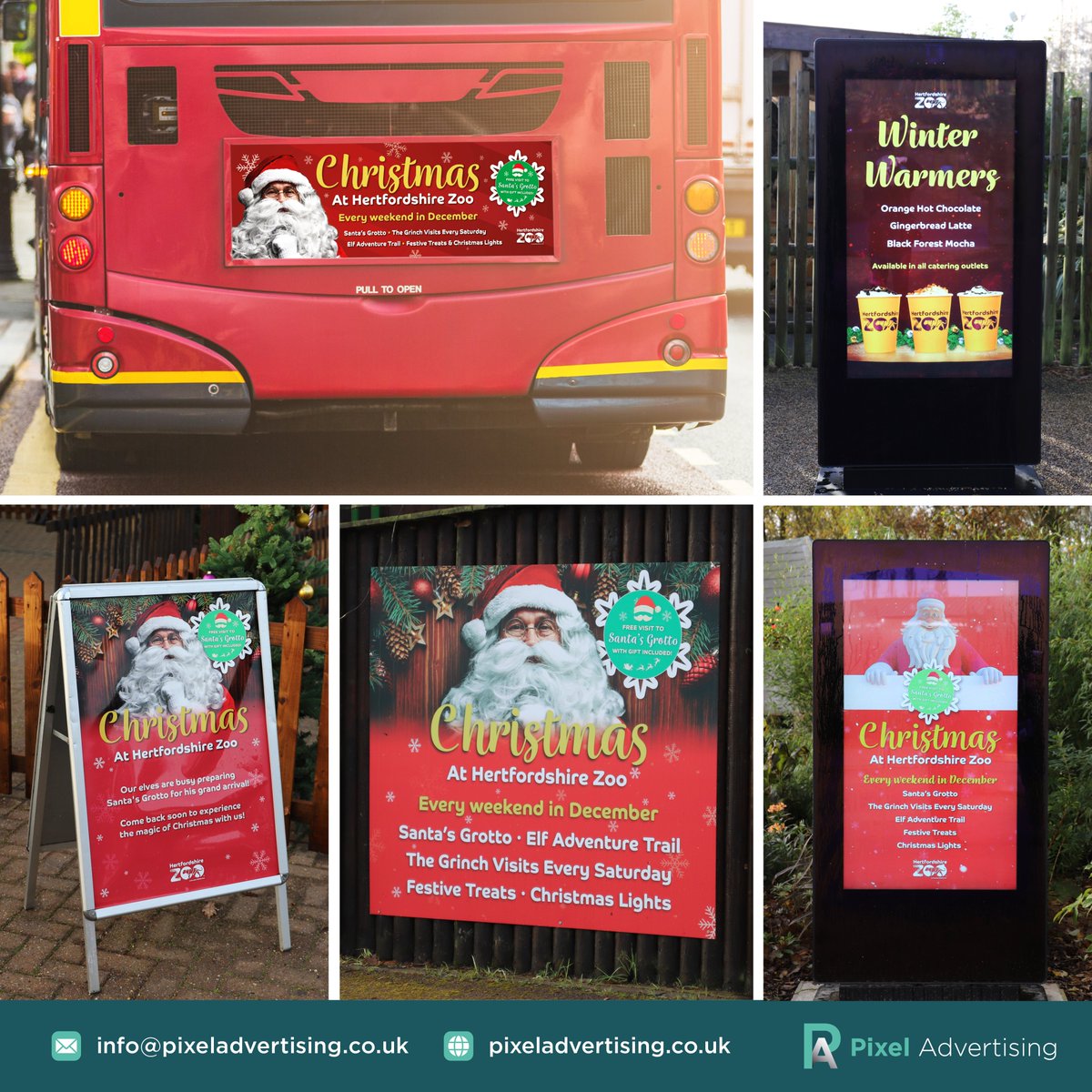 We have been working with Hertfordshire Zoo on their Christmas campaign promoting all the exciting festive treats on offer, we designed the posters, bus rears, large format signs and static and animated digital banners.
#HertfordshireZoo #Christmas  #DigitalMarketing #printdesign