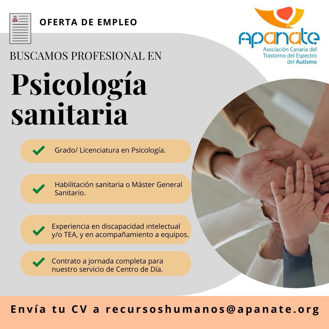 APANATE's tweet photo. ¡Ampliamos equipo!🤝 En nuestro Centro de Día estamos buscando a un nuevo profesional en psicología sanitaria🤓💡Si cumples los requisitos, envíanos tu CV antes del 14 de diciembre🗓 ¡Te esperamos! #TEA #autismo #ofertaempleo #Tenerife #Canarias https://t.co/DlsKCcPcfq