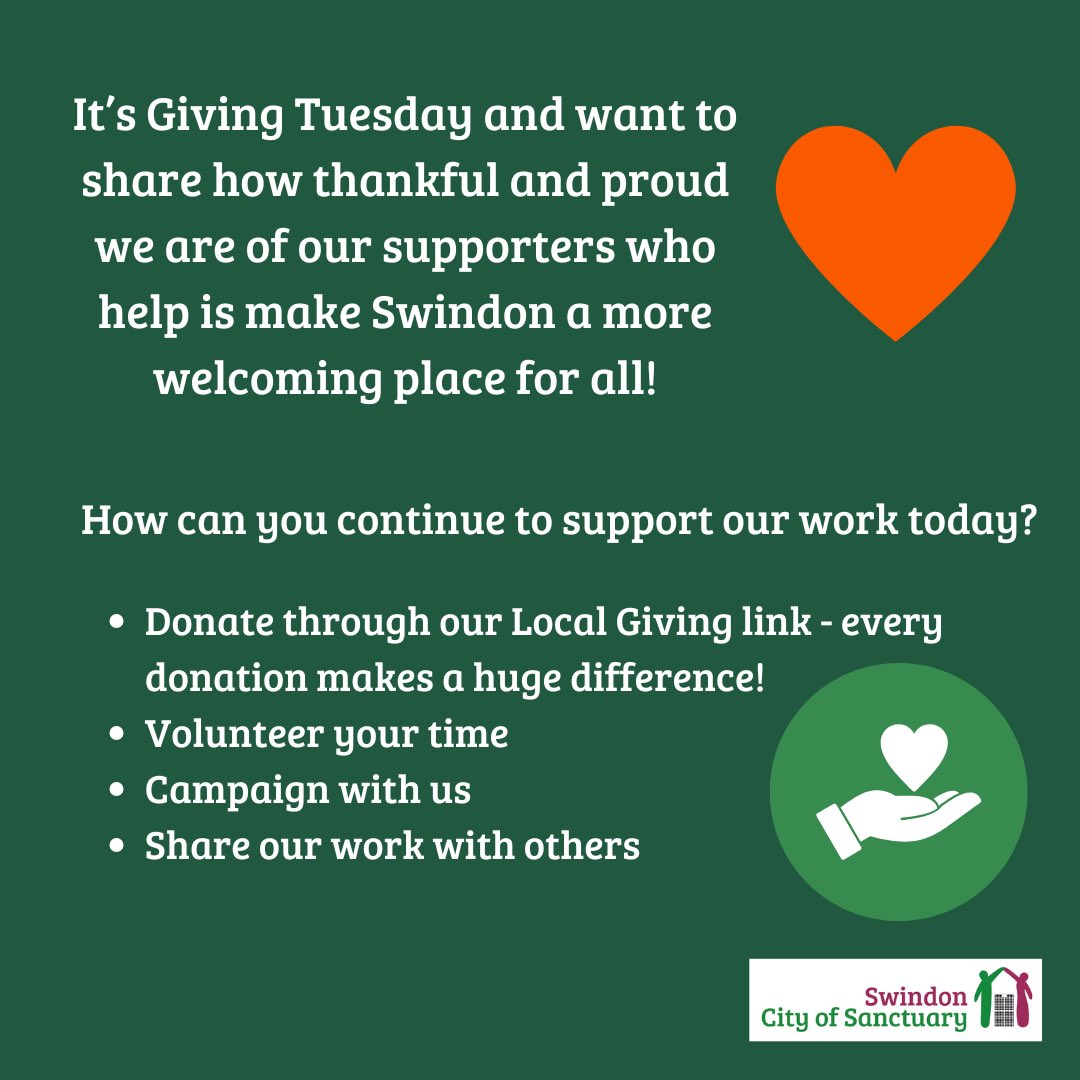 Today for #givingtuesday we want to share our thanks to our amazing, generous supporters who help us continue our work and spread welcome in Swindon. Please follow the link to donate or get in touch to offer your time. 🧡 localgiving.org/charity/swindo…