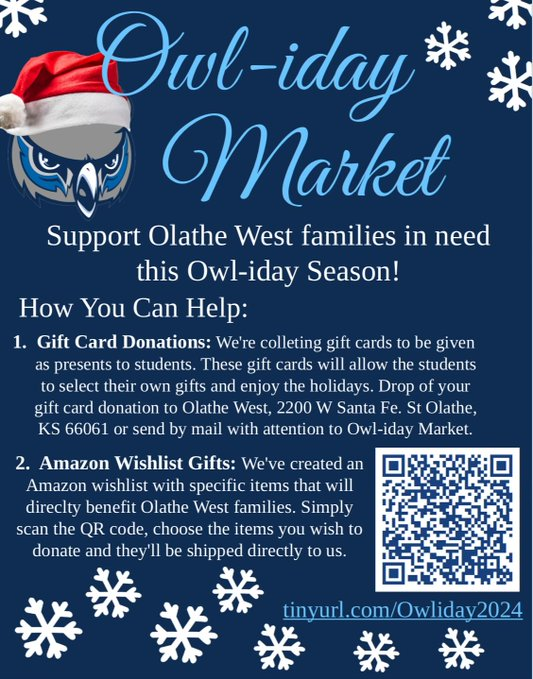 OWcounseling's tweet photo. This #GivingTuesday, let’s make the Owl-iday Market unforgettable for our Owl families in need! 🦉 Donate directly to the Owl Parent Organization via Venmo @Owl-Parents or shop from our wish list: https://t.co/blNJkQHfDj. 

Together, let's spread holiday cheer! 🎁 #SeasonOfGiving https://t.co/1j88ywd8aw