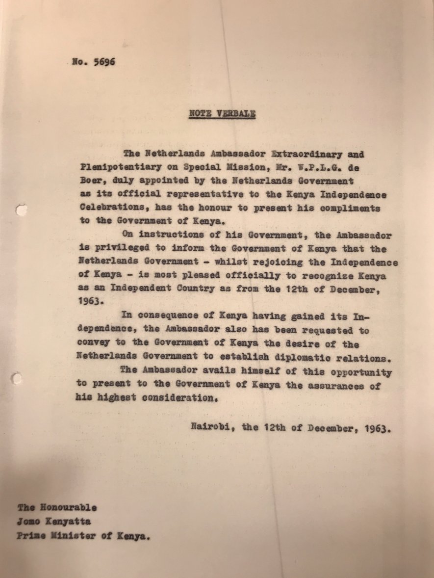 NLinKenya's tweet photo. ⏱️Going back in time!
Through this Note Verbale, dated 12 December 1963, the Netherlands officially recognized Kenya's independence 🇰🇪🇳🇱
61 years ago today, our two countries formally established diplomatic relations 🤝
#60yearsofNLKE #DiplomacyInActionKE https://t.co/z4gGBjMNHE