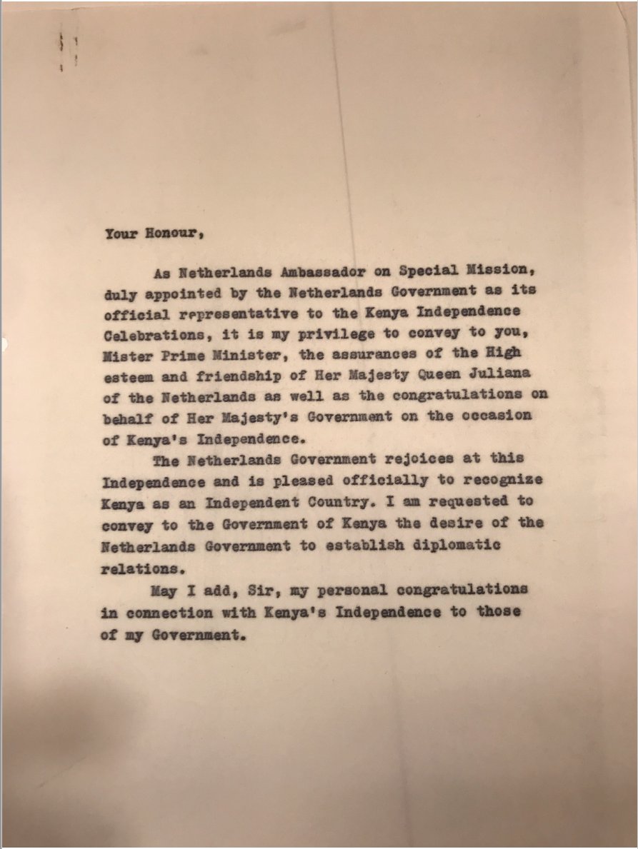 NLinKenya's tweet photo. ⏱️Going back in time!
Through this Note Verbale, dated 12 December 1963, the Netherlands officially recognized Kenya's independence 🇰🇪🇳🇱
61 years ago today, our two countries formally established diplomatic relations 🤝
#60yearsofNLKE #DiplomacyInActionKE https://t.co/z4gGBjMNHE