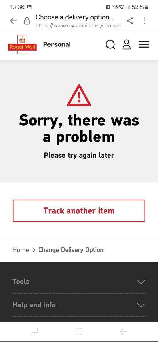 DShepherd31's tweet photo. @RoyalMailHelp got a parcel coming tomorrow that i won't be in for. Trying to redirect to my local Post Office but this screen keeps coming up... how do I redirect? https://t.co/xBkTJ7dWG7