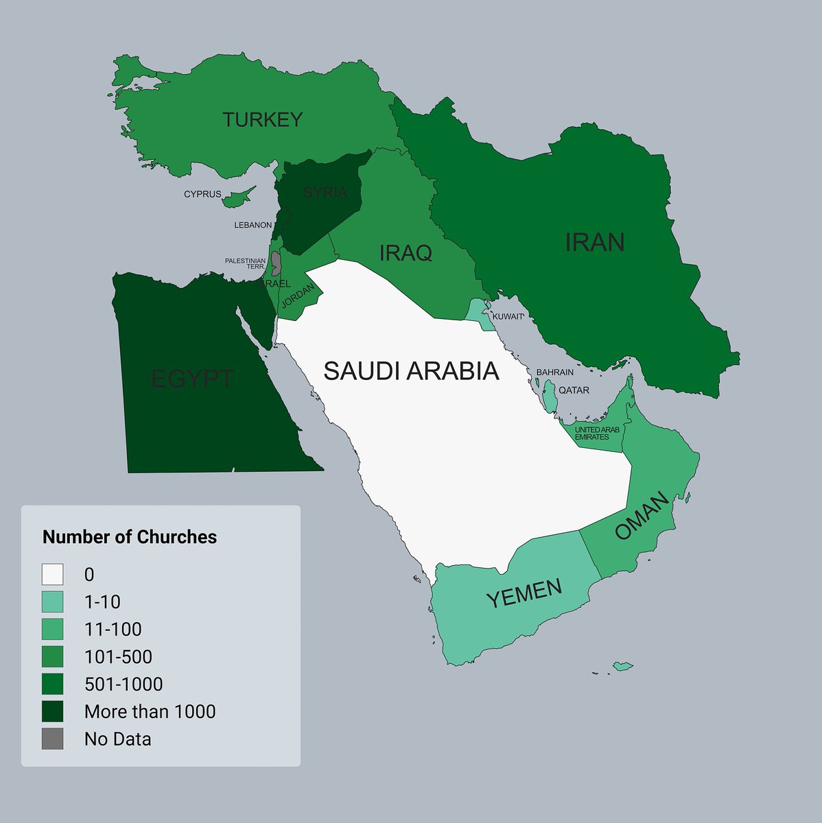 amazingmap's tweet image. The Number of Churches in Countries of the Middle East