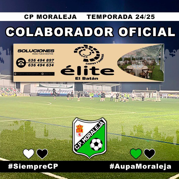 Hoy nos toca agradecer el apoyo especial en esta temporada a otra empresa colaboradora con nuestro club, damos las gracias a: 

“CARPAS y EVENTOS élite”

Gracias a todos los colaboradores, todo es más fácil y todo es posible!!👏🏻

 #GRACIAS👏🏻🏳️🏴👏🏻

#SiempreCP🤍🖤
#AupaMoraleja🟢