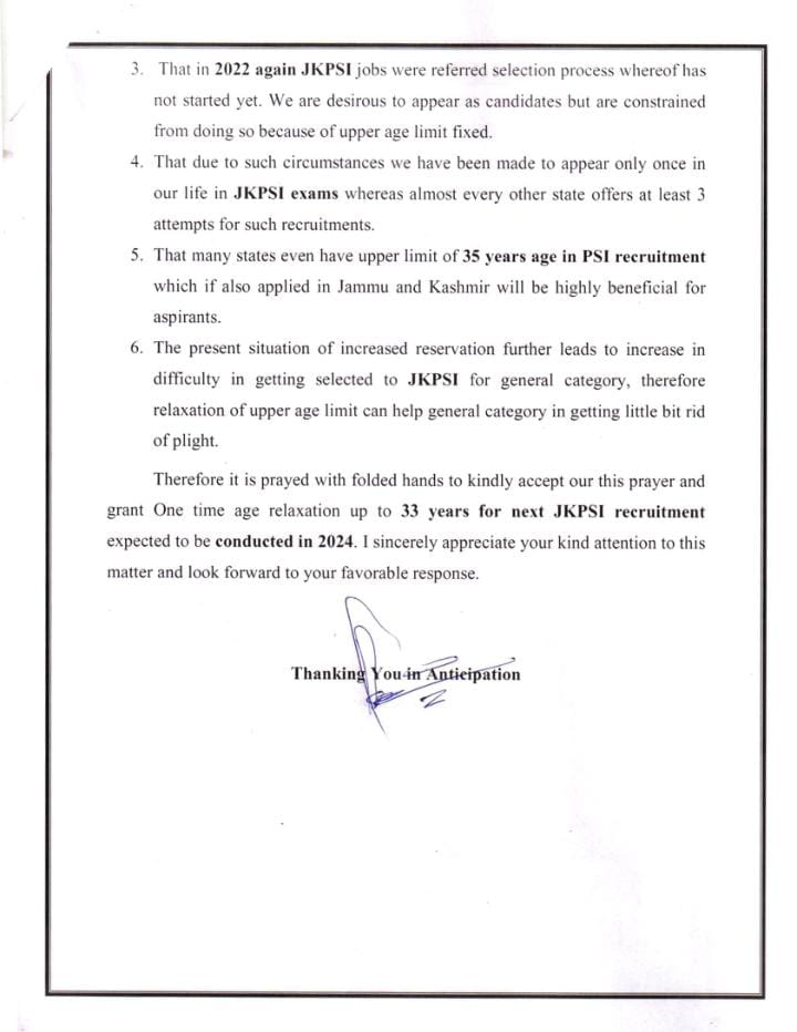 MehranAnjumMir's tweet photo. Open letter to Honorable Shri Manoj Sinha Ji, Lieutenant Governor of J&K, for one time Age Relaxation upto 33 years In JKPSI Recruitment.

Sir, kindly look into this matter in favour of the aspirants and give one chance, we shall be highly thankful, Jai Hind 

Cc
@manojsinha_ 
@OfficeOfLGJandK