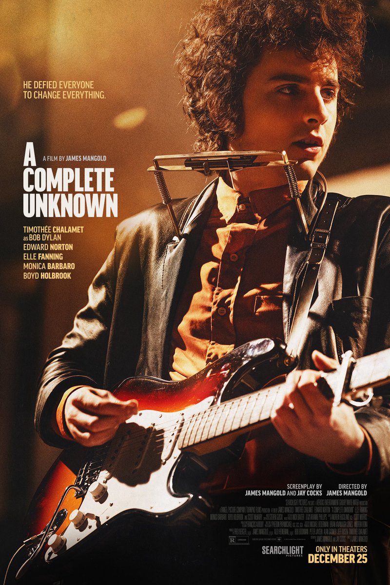 He defied everyone to change everything. A COMPLETE UNKNOWN. A film by James Mangold starring Timothée Chalamet as Bob Dylan. Co-starring Edward Norton, Elle Fanning, Monica Barbaro and Boyd Holbrook. Only in theaters Christmas Day. #ACompleteUnknown