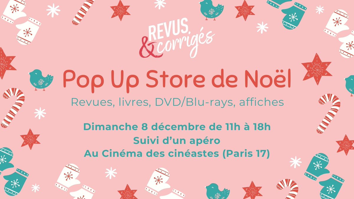 🎁 Pop Up Store de Noël 🎁

Revus &amp; Corrigés vous accueille au <a href="/CdesCineastes/">Cinéma des Cinéastes</a> dimanche 8 décembre de 11h à 18h pour une vente de Noël : revues à tarifs réduits, livres de cinémas, DVD/Blu-rays, affiches... Tout pour faire vos cadeaux !

Apéro offert pour clôturer la journée ! ✨
