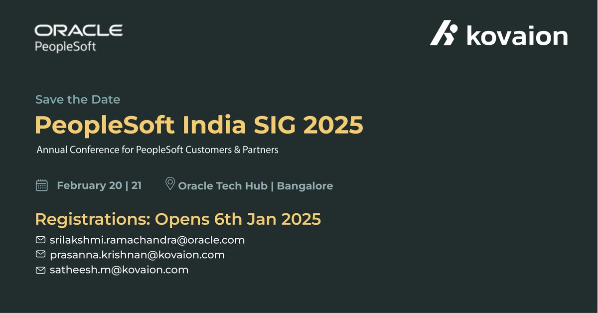 kovaion's tweet image. PeopleSoft India SIG 2025 - We&apos;re Back as Sponsors! 
For the third consecutive year, Kovaion is proud to continue its sponsorship of the @oracle PeopleSoft India SIG 2025! 

To know more, 
Visit: kovaion.com/event/peopleso…

#Kovaion #Oracle #OraclePeopleSoft #PeopleSoftSIG2025