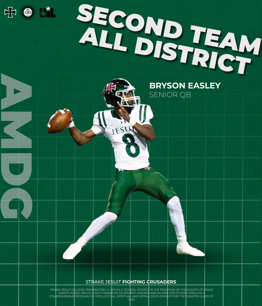 <a href="/STRAKEJESUITFB/">Strake Jesuit Football</a> 
9-4
Bi-District Champions
Area Champions
Regional Semifinalists
Led his team to the 3rd round in first year as the full time starter.
I’m proud of you and thankful for you 8!
Congratulations Bryson Easley
<a href="/bkeasley733/">Bryson Easley</a> 
2nd Team 20-6A Quarterback
#WeAreSJ