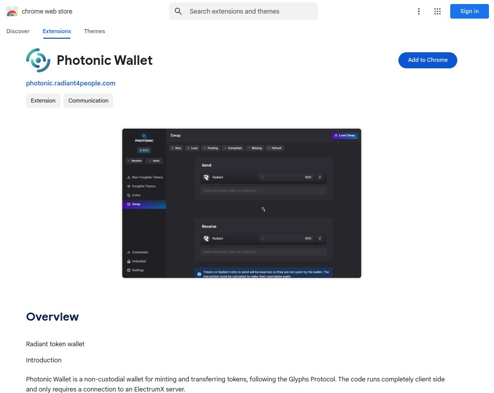 💥Photonic in Chrome Store 💥
We have launched the addon version of Photonic in the Chrome Store.

Now it is very easy to have a Radiant wallet that supports tokens and NFT. 

chromewebstore.google.com/detail/photoni…

#Radiant $RXD #RXD #Layer1