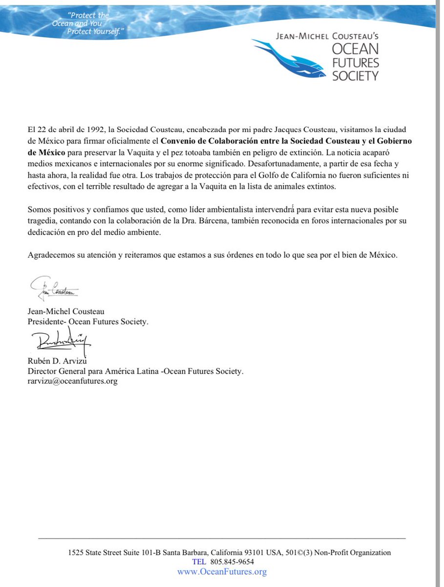 📣‼️ Atenta carta a la Presidenta <a href="/Claudiashein/">Claudia Sheinbaum Pardo</a> de <a href="/JMCousteau/">Jean-Michel Cousteau</a> Jean-Michel Cousteau Presidente- Ocean Futures Society, con relación a lo que hizo @SEDENAmx de clasificar a Jaguares y Venados como “fauna nociva” y pagar por ahuyentarlos o sacrificarlos 👇