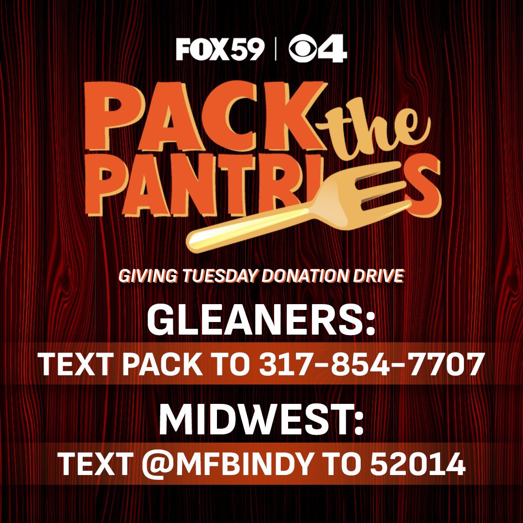 Kit Hanley (@kithanleytv) on Twitter photo Today is our annual #PackthePantries donation drive!
<a href="/CBS4Indy/">CBS4 Indy</a> & <a href="/FOX59/">FOX59 News</a> partnering up with <a href="/GleanersFBIndy/">Gleaners Food Bank of Indiana</a> & <a href="/MFBIndy/">Midwest Food Bank</a> to help Central Indiana families in need.
Below are ways to donate, if you are able! Plus, you can always give the gift of time through volunteering!🧡 Today is our annual #PackthePantries donation drive!
<a href="/CBS4Indy/">CBS4 Indy</a> & <a href="/FOX59/">FOX59 News</a> partnering up with <a href="/GleanersFBIndy/">Gleaners Food Bank of Indiana</a> & <a href="/MFBIndy/">Midwest Food Bank</a> to help Central Indiana families in need.
Below are ways to donate, if you are able! Plus, you can always give the gift of time through volunteering!🧡