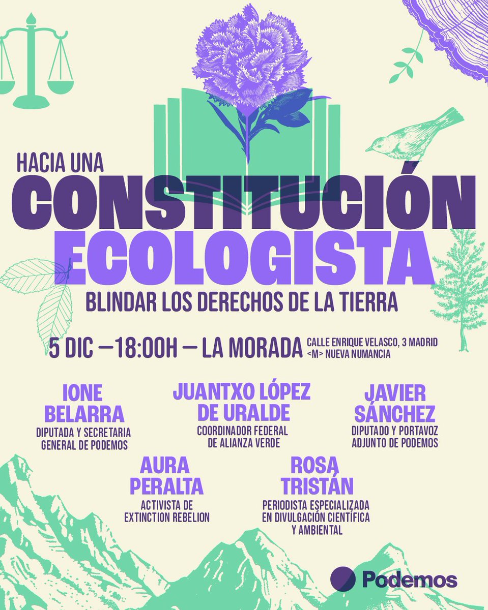 Los derechos de la Tierra deben, igual que los derechos feministas, blindarse en la Constitución. No tiene sentido que más de cuatro décadas después la Carta Magna sea intocable e irrealizable.

Os invito a este acto con <a href="/juralde/">Juan López de Uralde</a>, <a href="/J_Sanchez_Serna/">Javier Sánchez Serna</a>, <a href="/Valzoak/">Ⓐura Peralta ~ La Voz Dormida ~ 🇵🇸</a> y <a href="/RosaTristan/">Rosa M. Tristán</a>.