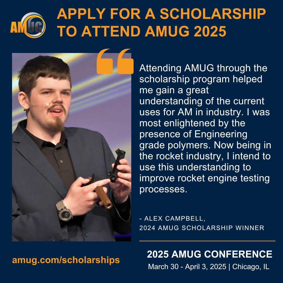 AdditiveMFGUG's tweet image. Are you a #student or #educator with a passion for #additive manufacturing? #AMUG is accepting #scholarship applications through January 31, 2025, apply today! amug.com/scholarships/

#AMUG2025 
#university #3dprinting #engineeringstudents #higherEd #college #STEM