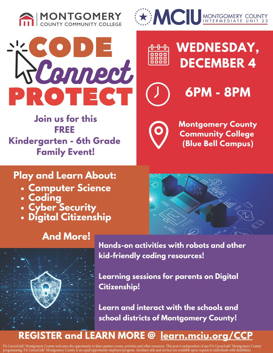 Check out this free event from our partners at the <a href="/MCIULearns/">MCIULearns</a> and <a href="/mccc/">MontgomeryCountyCC</a> for families to play and learn about #coding, #computer science, #cyber security, #digital citizenship, and more!

Details and registration --> learn.mciu.org/ccp/