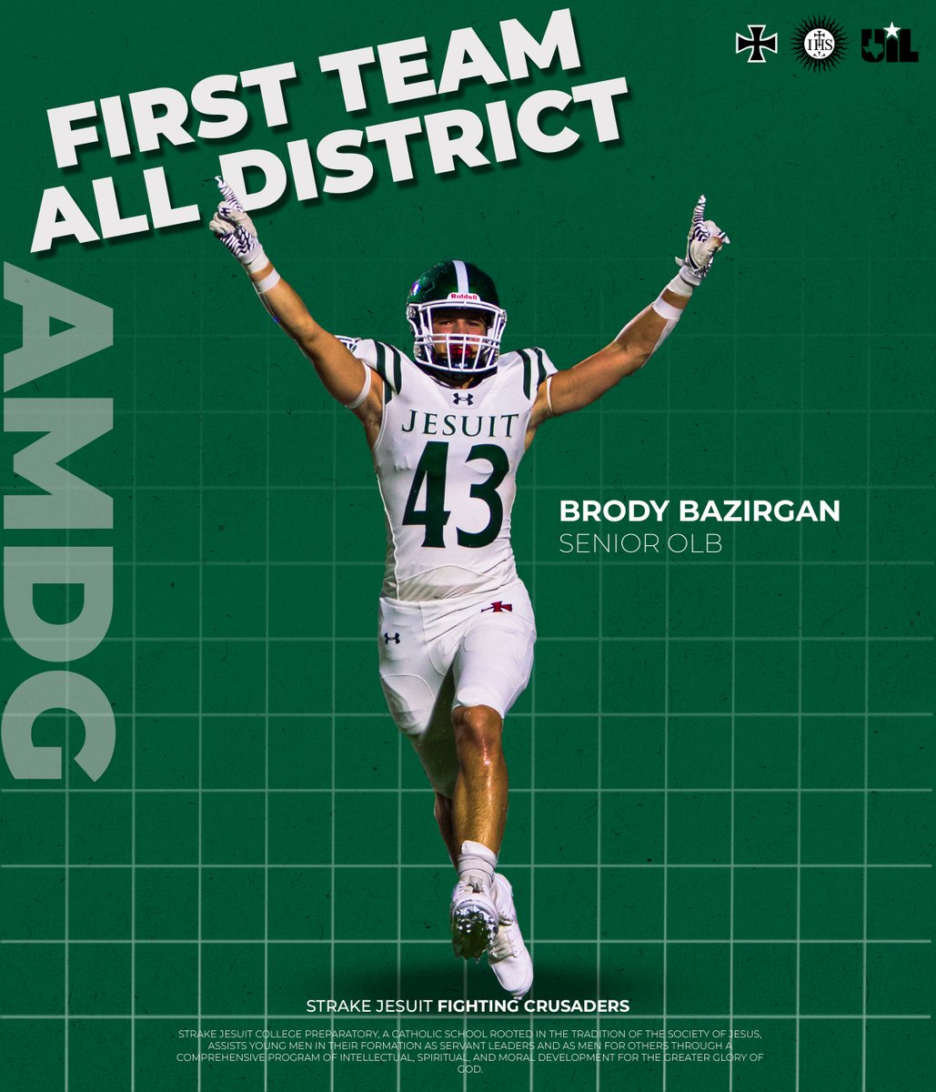 STRAKEJESUITFB's tweet photo. Congratulations to @BrodyBazirgan43 
1st Team All-District OLB
35 Tackles - 5 TFL - 2 INT's - 4 Sacks - 4 PBU's - 1 TD
Academic All-District https://t.co/j0TPYT2Tx0