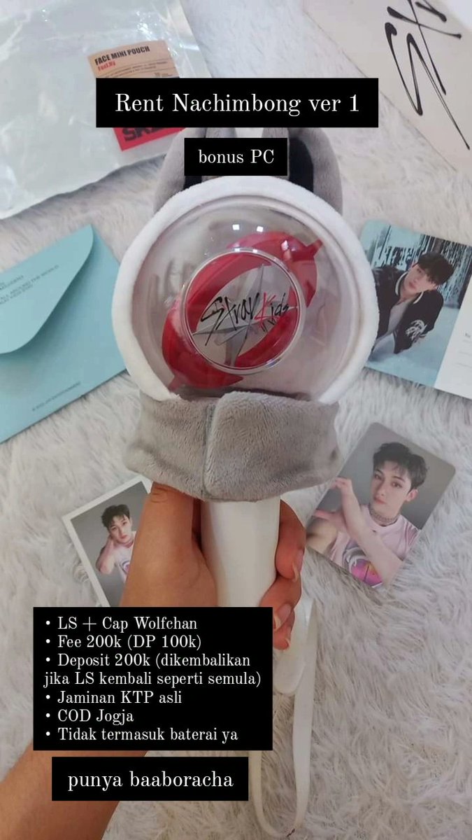 baaboracha's tweet photo. RENT NACHIMBONG/LIGHTSTICK SKZ VER 1 (khusus jogja)

- LS + Cap Wolfchan
- Fee 200k (DP 100k)
- Deposit 200k (dikembalikan jika LS kembali seperti semula)
- Jaminan KTP asli
- COD Jogja
- Tidak termasuk baterai ya https://t.co/mI6BZEn0FU