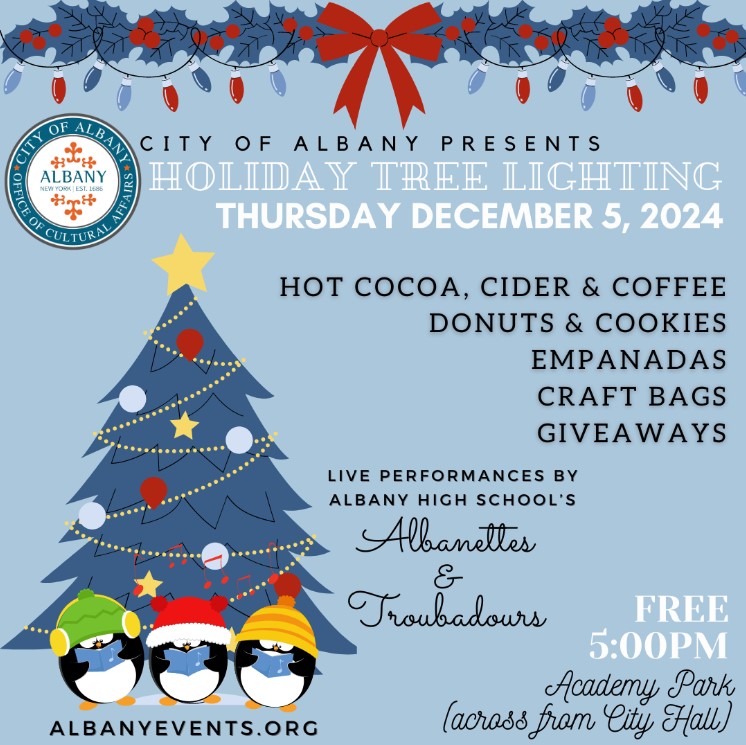 Albany Events (@albanynyevents) on Twitter photo Thursday! Join us for the City of Albany's Holiday Tree Lighting in our Winter Wonderland in Academy Park (across City Hall). The event is family friendly & free to attend with lots of freebies & photo opps! <a href="/CiderBellys/">Cider Belly Doughnut</a> <a href="/albanyschools/">City School District of Albany</a> <a href="/983TRY/">98-3 TRY</a> <a href="/995TheRiver/">99.5 The River</a> <a href="/MayorSheehan/">Albany Mayor Kathy Sheehan</a> Thursday! Join us for the City of Albany's Holiday Tree Lighting in our Winter Wonderland in Academy Park (across City Hall). The event is family friendly & free to attend with lots of freebies & photo opps! <a href="/CiderBellys/">Cider Belly Doughnut</a> <a href="/albanyschools/">City School District of Albany</a> <a href="/983TRY/">98-3 TRY</a> <a href="/995TheRiver/">99.5 The River</a> <a href="/MayorSheehan/">Albany Mayor Kathy Sheehan</a>