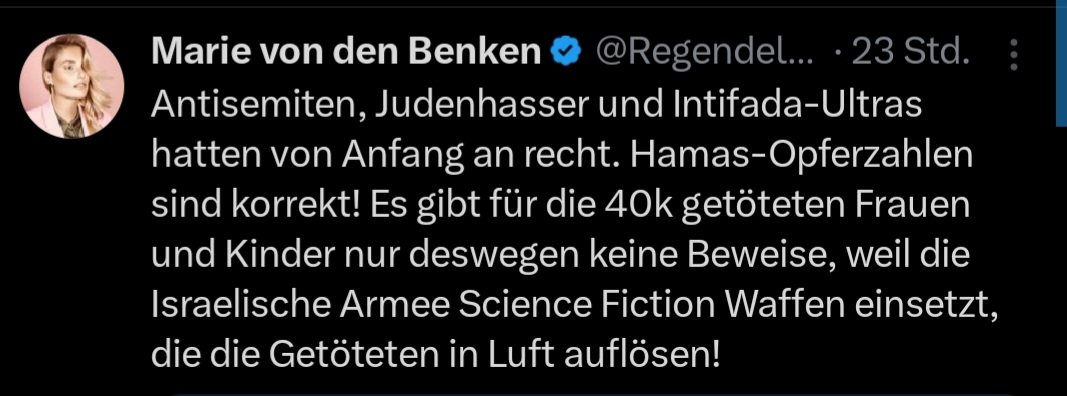 Was läuft bei <a href="/regendelfin/">Marie von den Benken</a> im Kopf eigentlich schief? <a href="/HateAid/">HateAid</a> hat mit so einer Hetzerin mal Werbung gemacht. 

Es gibt gut dokumentiert und publizierte Peer-Review Artikel dazu. 
Ich wünsche ihr wirklich, das ihr eigenes Kind niemals Teil einer solchen Argumentation wird.