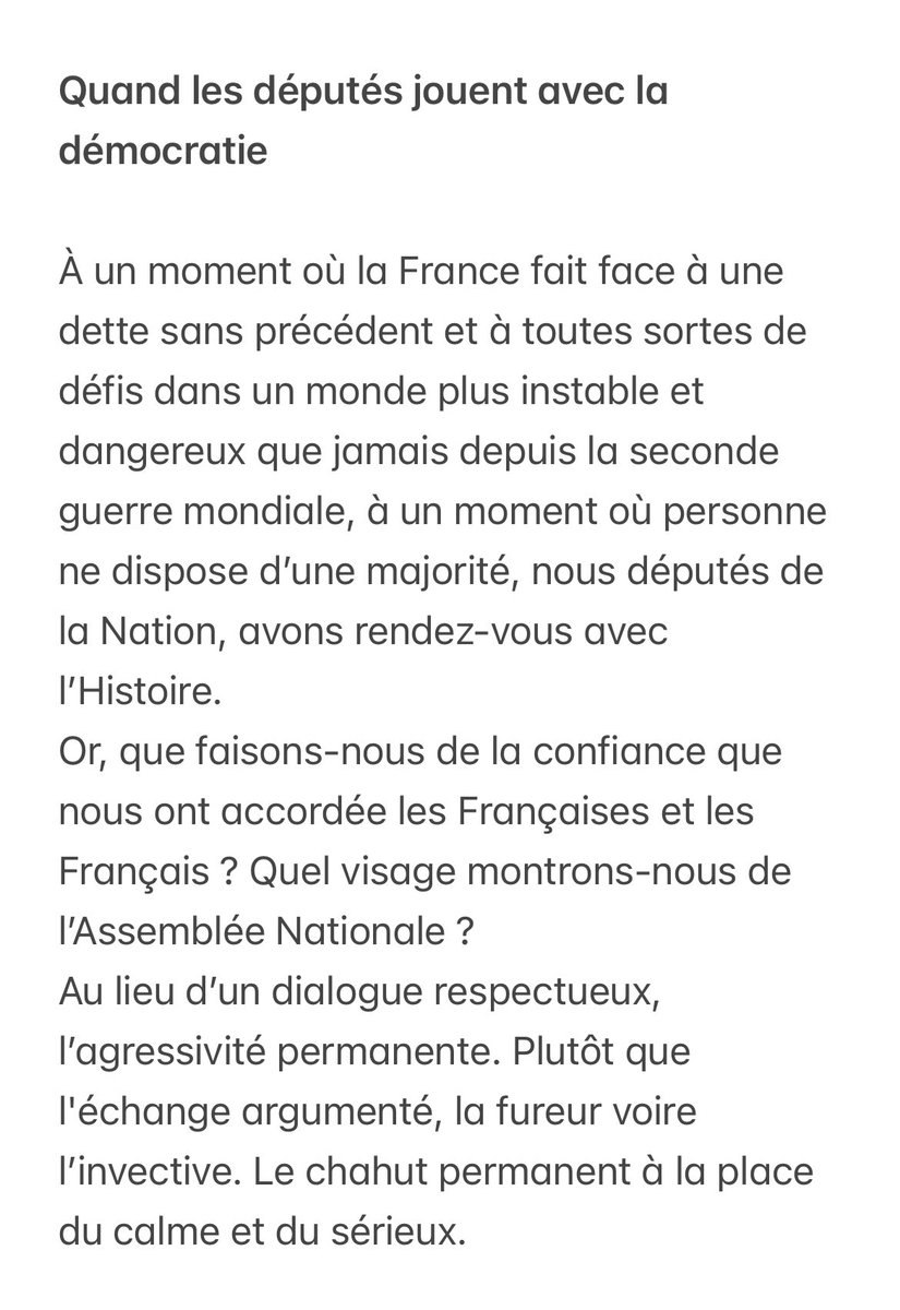 joelbruneau's tweet photo. J’appelle tous les députés d’abord guidés par l’intérêt de notre pays à s’affranchir des outrances, à surmonter les logiques partisanes de court terme et à se rassembler dans leur diversité pour faire échec aux ingénieurs du chaos. https://t.co/txXwxDjNey