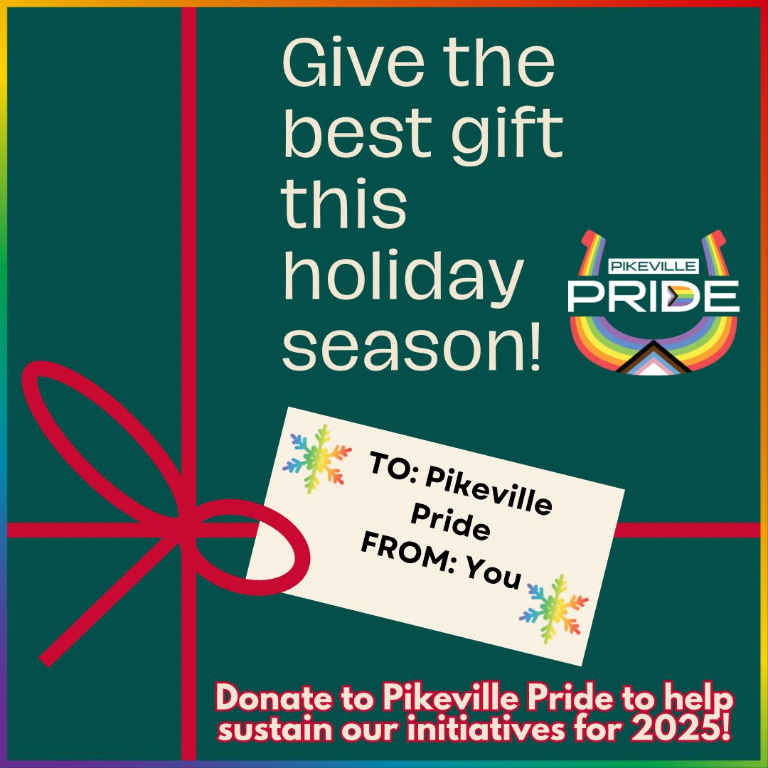 🎁 It’s #GivingTuesday and we’ve set a goal to raise $1,000 for Pikeville Pride! Every contribution, big or small, helps us show the world that Pikeville stands for love, equality, and acceptance. 

Donate NOW via PayPal at bit.ly/GivingTuesdayP….  🌈 🏳️‍⚧️
