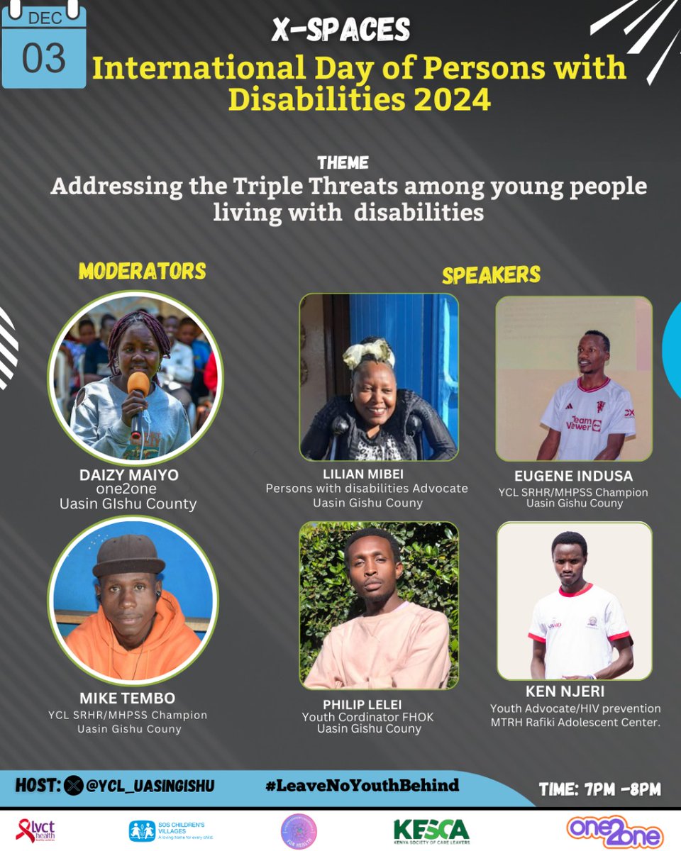 As we mark the #InternationalDayOfPersonswithDisabilities join us from 7️⃣🅿️Ⓜ️ in an insightful space on how we can address the triple threats among young people living with disabilities.#LeaveNoYouthBehind #EndTripleThreats <a href="/MombasaYACH/">YACH Mombasa</a> <a href="/one2oneKE/">#BongaNaOne2One</a>
x.com/i/spaces/1DXxy…