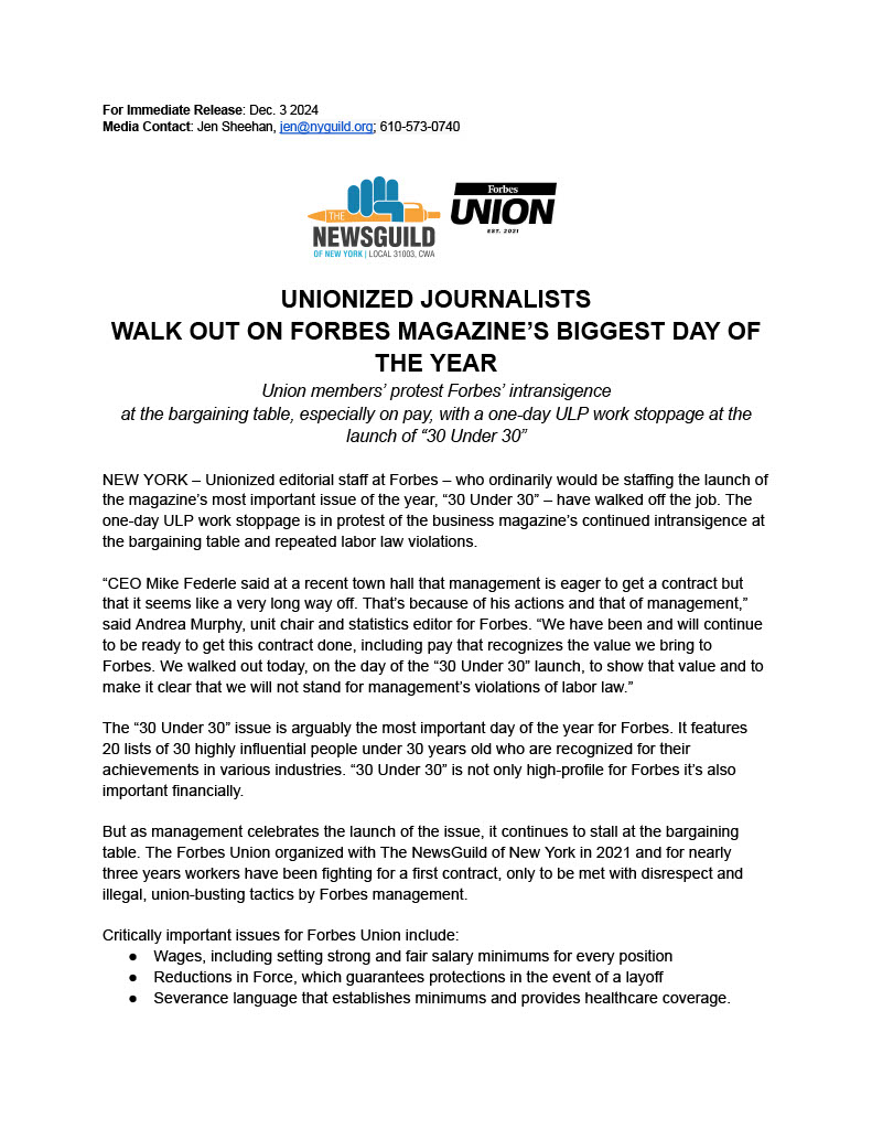 forbesunion's tweet image. On Forbes’ biggest day of the year - the release of ‘30 Under 30’ - we have walked off the job in a 24-hour work stoppage in protest of @Forbes continued intransigence at the bargaining table and repeated labor law violations. (1/3)