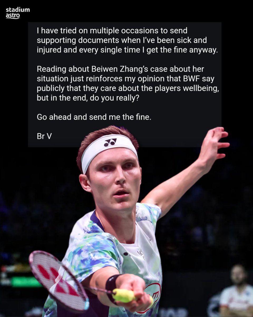 stadiumastro's tweet photo. 𝐁𝐑𝐄𝐀𝐊𝐈𝐍𝐆 ⚠️
Two time Olympic Gold medalist Viktor Axelsen 🇩🇰 has 𝐖𝐈𝐓𝐇𝐃𝐑𝐀𝐖𝐍 from the upcoming BWF World Tour Finals.
The Denish shuttler shared his email with BWF on X, questioning the federation's management on athletes wellbeing 😵
#Badminton #BWF #Axelsen https://t.co/d7xHFsYufp