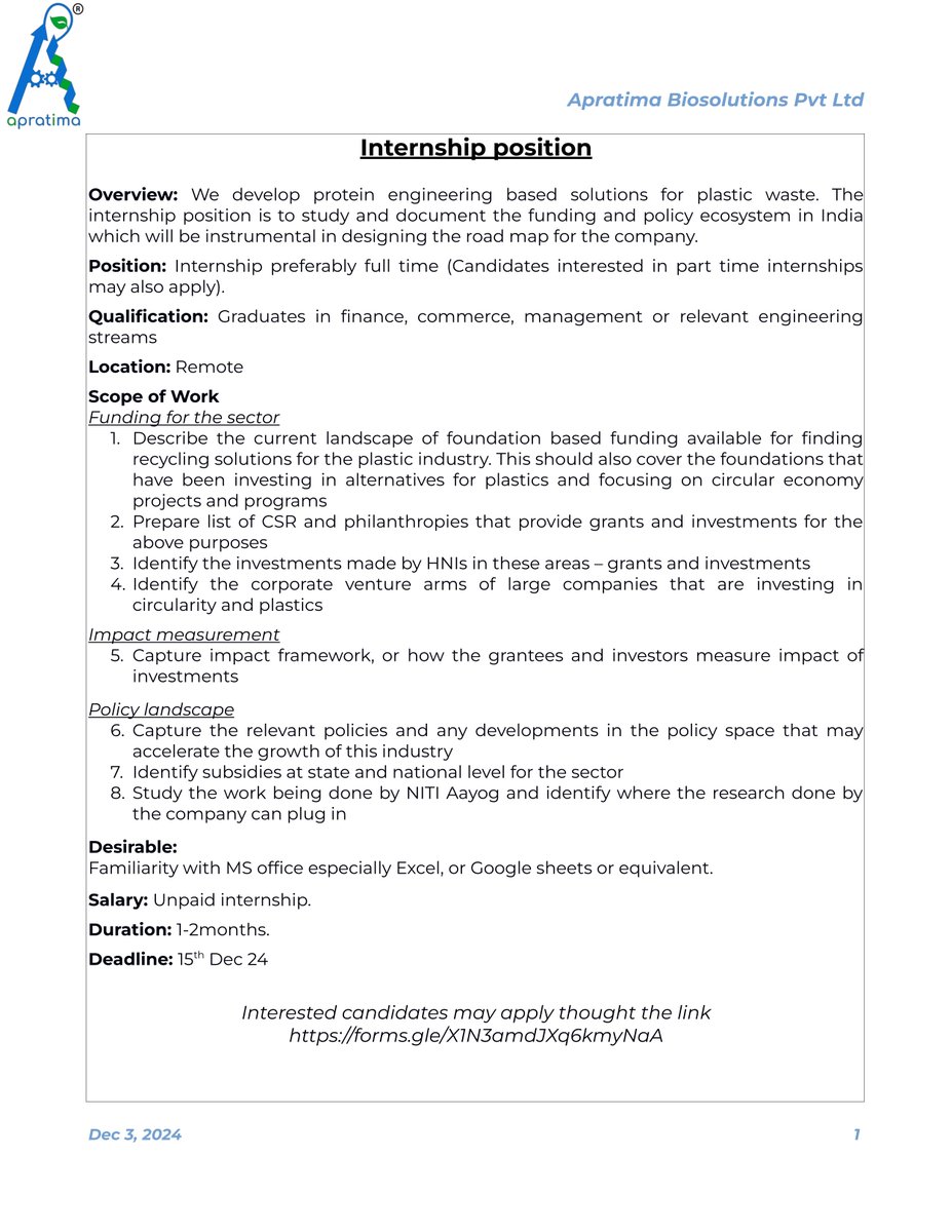 apratimabio's tweet photo. We are hiring interns
Interested candidates may apply through the link - https://t.co/tpCmNxeAAr https://t.co/VsLU6oZIUN