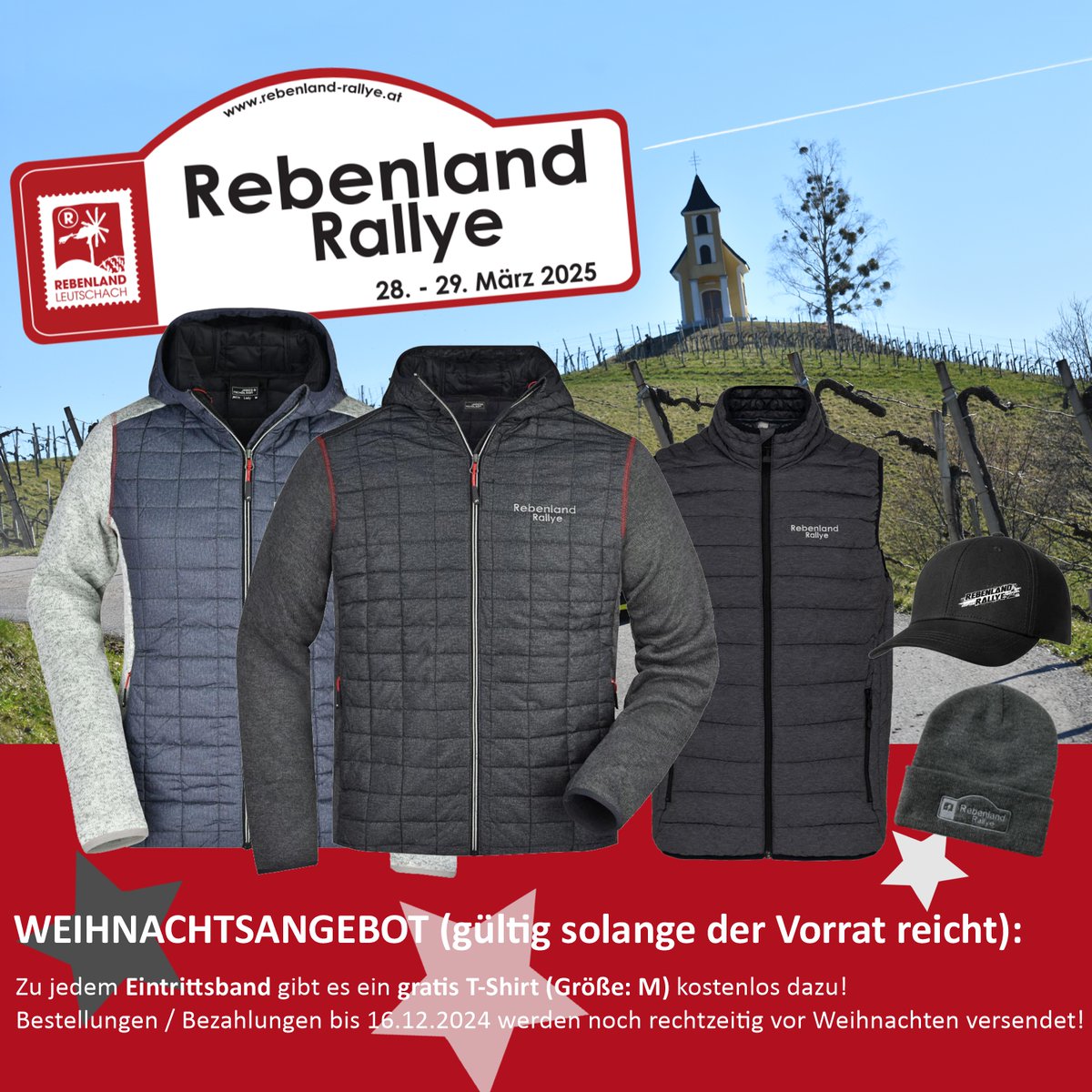 🏁🇦🇹 Rebenland Rallye 2025 - Fanshop verfügbar ➡️ rebenland-rallye.at/2025/rallyesho… 😎

🎄 WEIHNACHTSANGEBOT (gültig solange der Vorrat reicht): Zu jedem Eintrittsband gibt es ein gratis T-Shirt (Größe: M) kostenlos dazu! 🎅

#rallye #rebenland #leutschach #rebenlandrallye #rally #orm