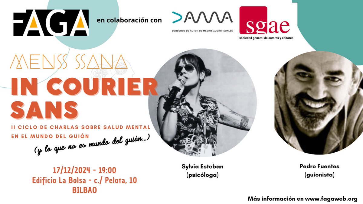📢¡Organizamos Charla!📢

💭🎬MENS SANA IN COURIER SANS: Salud mental en el mundo del guion (y lo que no es🌍 del guion)

🗓️17/12, 19:00
📍La Bolsa, Bilbao.
🎤 Con Sylvia Esteban (psicóloga)🧠 y <a href="/pedro_fuentes/">Pedro Fuentes 🏳️‍🌈</a> 🖋️ (guionista)

Organiza: GIDOI + FAGA, con DAMA y SGAE. #SaludMental