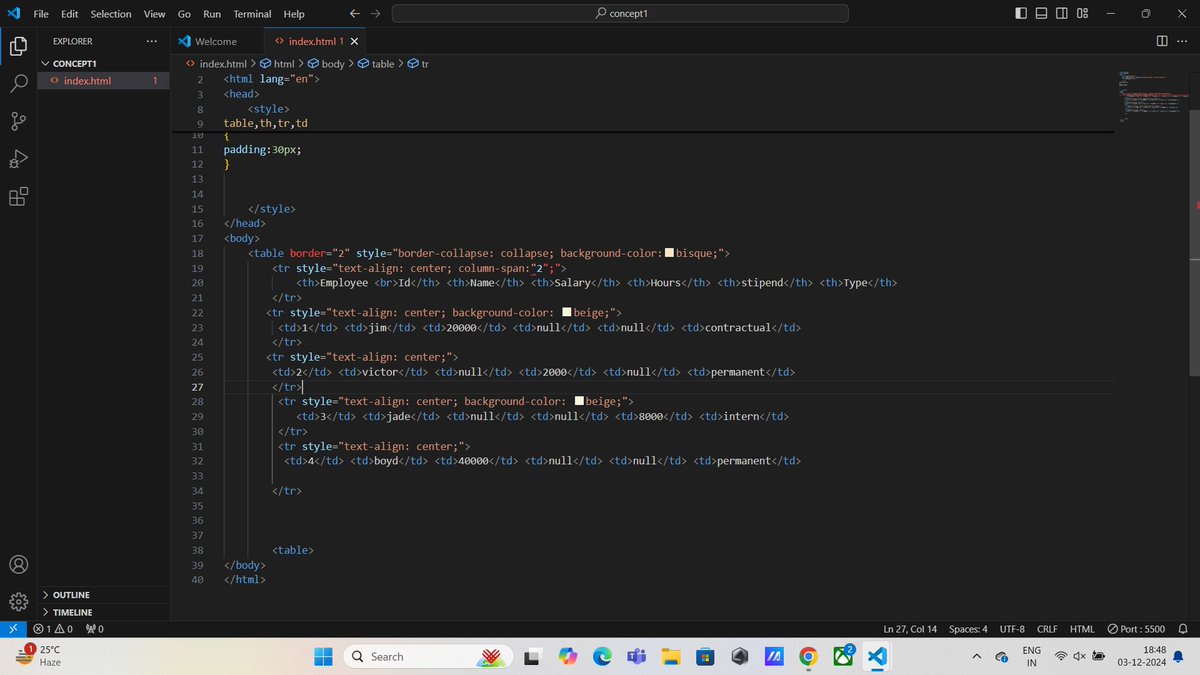 YourIroncoder's tweet image. 📝 Day 1 of Learning HTML
Today, I dove into HTML tables and learned:
✅ How to create tables using &amp;lt;table&amp;gt;, &amp;lt;tr&amp;gt;, &amp;lt;th&amp;gt;, and &amp;lt;td&amp;gt;
✅ How to use colspan and rowspan for merging cells
✅ Adjusting table layout and positioning

Here’s my practice table 👇
#HTML #CodingJourney