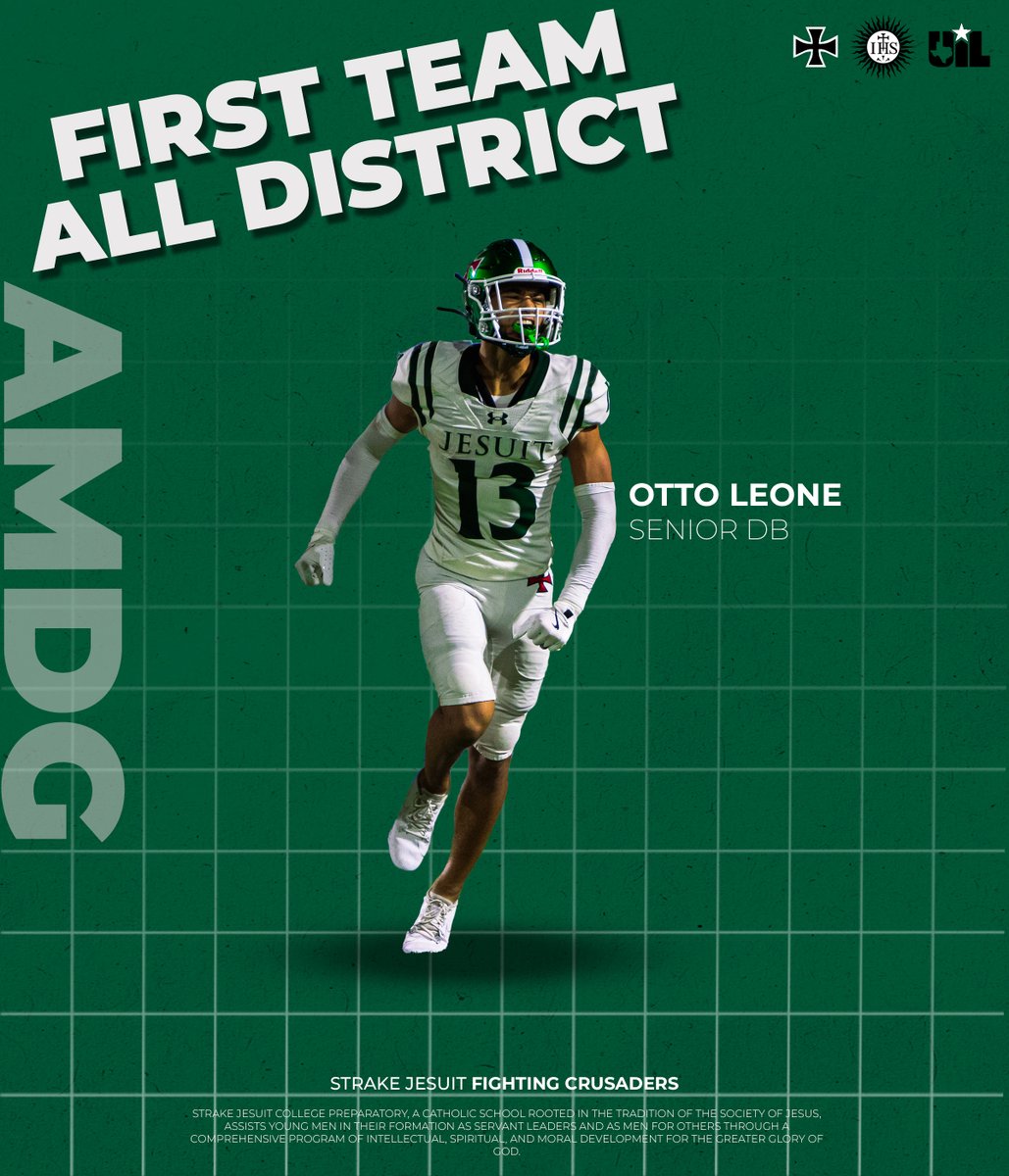 Strake Jesuit Football (@strakejesuitfb) on Twitter photo Congratulations to <a href="/OttoLeone2/">Otto Leone</a>
1st Team All-District Corner
47 Tackles - 2 Recovered fumbles - 6 PBU's
1 Blocked FG - 7 INT's - 2 TD's
Punt Returner
Leadership Council
Academic All-District Congratulations to <a href="/OttoLeone2/">Otto Leone</a>
1st Team All-District Corner
47 Tackles - 2 Recovered fumbles - 6 PBU's
1 Blocked FG - 7 INT's - 2 TD's
Punt Returner
Leadership Council
Academic All-District