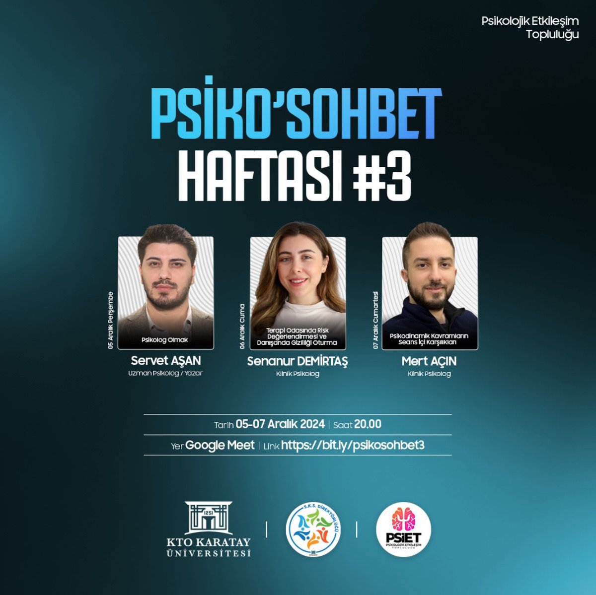 psiett's tweet photo. Geleneksel hale getirdiğimiz ve bu yıl üçüncüsünü düzenleyeceğimiz psiko’sohbet haftasından herkese merhaba.
5-7 Aralık tarihleri arasında kıymetli konuklarımızla sizlerleyiz 🙋🏽‍♀️ Katılmak için formu doldurmayı unutmayın, sevgiler 🫶🏼
-PSİET YÖNETİM EKİBİ
 (https://t.co/tF2m9lEmKx) https://t.co/5To5URIrZf