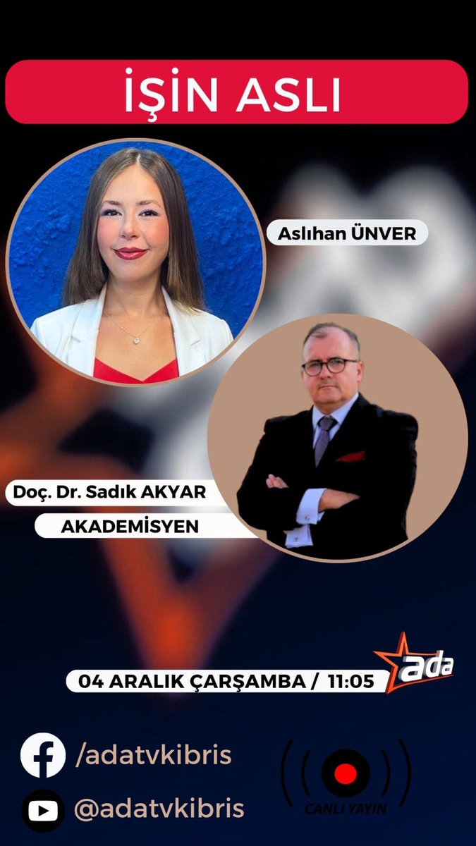 Yarın( 04 Aralık) saat 11:05( TSİ 12:05) de  <a href="/AdaTV_Kibris/">Ada TV Kıbrıs</a>’da  Sn. <a href="/asliaunver06/">asliaunver06</a> ile  Kıbrıs ve Suriye’deki gelişmeleri ele alacağız.Bilginize.<a href="/girneamerican/">Girne American Uni</a> <a href="/GauMedia/">GAU Media</a> <a href="/akpinar_serhat/">Serhat AKPINAR</a> <a href="/hasanunal1920/">Prof. Dr. Hasan Ünal</a> <a href="/HakanAridemir/">Hakan Arıdemir</a> <a href="/tesamtr/">TESAM</a> <a href="/tuicakademi/">TUİÇ Akademi</a> <a href="/TurgutluYanki/">Yankı Gazetesi</a> <a href="/GokhanIslim/">Yedek hesap</a> <a href="/l_sohrab/">Söhrab İsmayıl</a>
