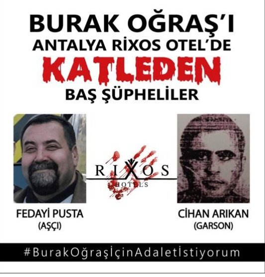 RİXOS Otel'de staj yaparken katledilen Oğlumun Cinayet Baş Şüphelileri otel çalışanları hakkında takipsizlik kararı mahkemece kaldırılmış, yakalama kararı çıkartılmış. Dosya Savcısı'ndan ilgili resmi evrakı aldım. Adalet Sağlanana kadar mücadelem artarak devam edecektir. ✌🏽