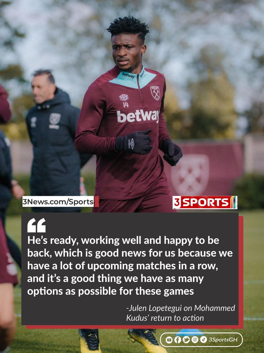 Mento1991's tweet photo. West Ham boss Julen Lopetegui says Mohammed Kudus is ready to play again after missing five games through suspension.

West Ham travel to Leicester on Tuesday night. 

#3Sports [via 3Sports GH] https://t.co/I7T62fibjV