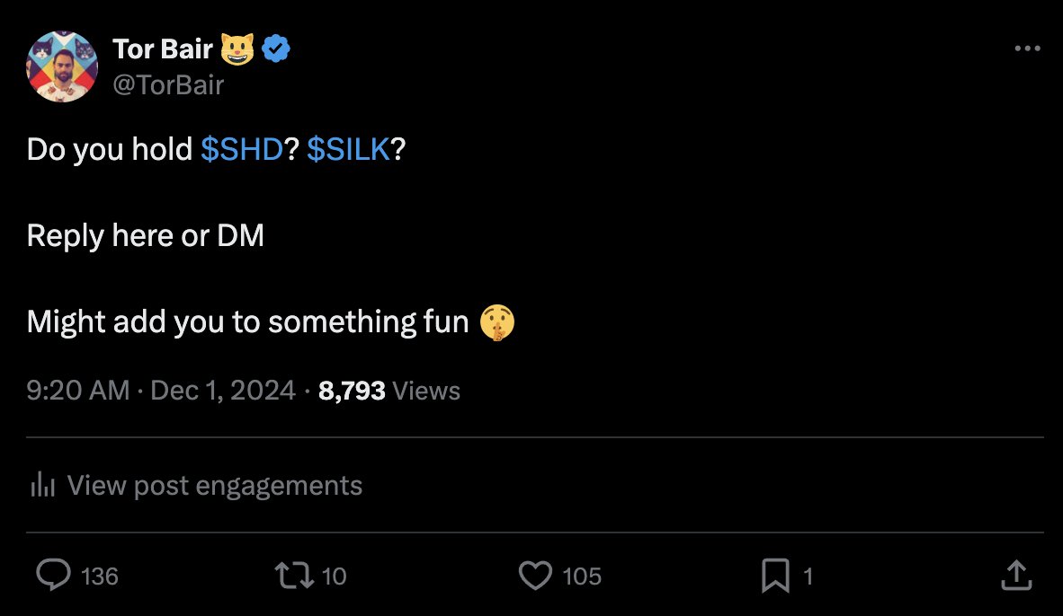 Over 130 replies for $SHD and $SILK hodlers. Pretty good.

But there's still plenty of room in the shade. iykyk.

cc <a href="/Shade_Protocol/">Shade Protocol ❎</a>