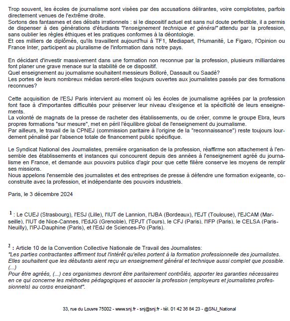 Il faut au + vite protéger l'indépendance des rédactions et consolider le dispositif d'enseignement du journalisme en France 

Le SNJ salue la mobilisation exemplaire  des salariés du groupe <a href="/Bayard/">Bayard</a> ✊️✊️✊️ 

COMMUNIQUÉ SNJ ⬇️ 
snj.fr/bayard-nen-res…