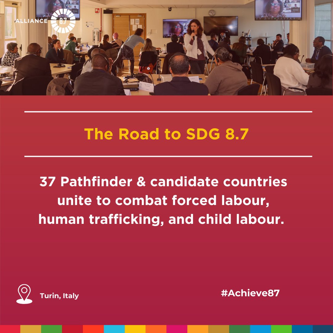 Day 1 of the Alliance 8.7 Pathfinder Workshop 2024 has kicked off in Turin! 
📌 Highlights:
•Developing &amp; implementing SDG 8.7 roadmaps.
•Knowledge sharing &amp; partnerships.
•Thematic focus: From evidence to action.

Together, we’re building impactful solutions! #Achieve87
