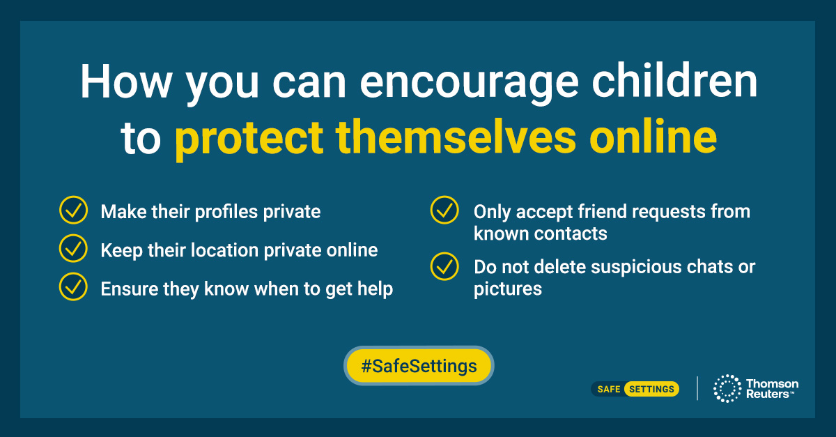 thomsonreuters's tweet photo. Learn where your child is online to understand who they interact with and help spot risks. The Thomson Reuters #SafeSettings campaign uses tech for good, offering parents and caregivers crucial information to keep kids safe online: https://t.co/249OFK6CZ5
#StaySafeStayAware https://t.co/MpOzajlFrf