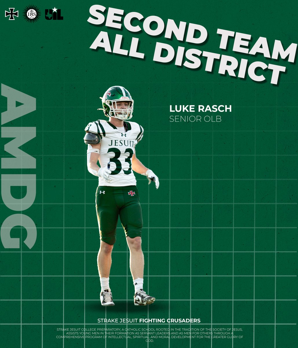 Strake Jesuit Football (@strakejesuitfb) on Twitter photo Congratulations to <a href="/lukerasch1/">Luke Rasch</a>
2nd Team All-District OLB
50 Tackles - 7 TFL - 2 Recovered fumbles
Leadership Council
Academic All-District Congratulations to <a href="/lukerasch1/">Luke Rasch</a>
2nd Team All-District OLB
50 Tackles - 7 TFL - 2 Recovered fumbles
Leadership Council
Academic All-District