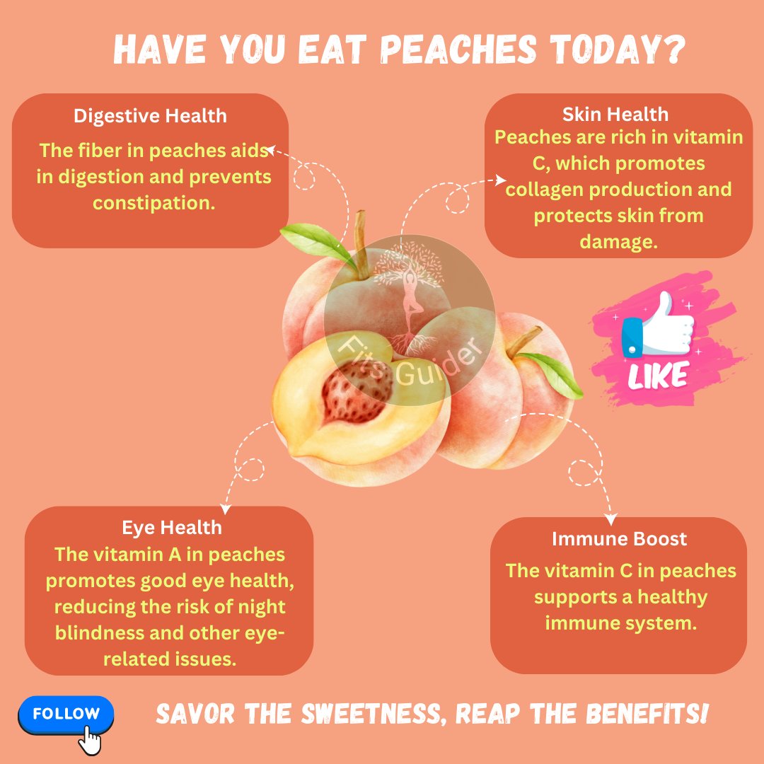 fitsguider's tweet photo. Sweet, juicy, and packed with health! 🍑 Peaches boost skin health, aid digestion, keep you hydrated, and strengthen immunity with Vitamin C. Savor the sweetness, reap the benefits! 💛 #PeachPower https://t.co/dLmqPePeUs