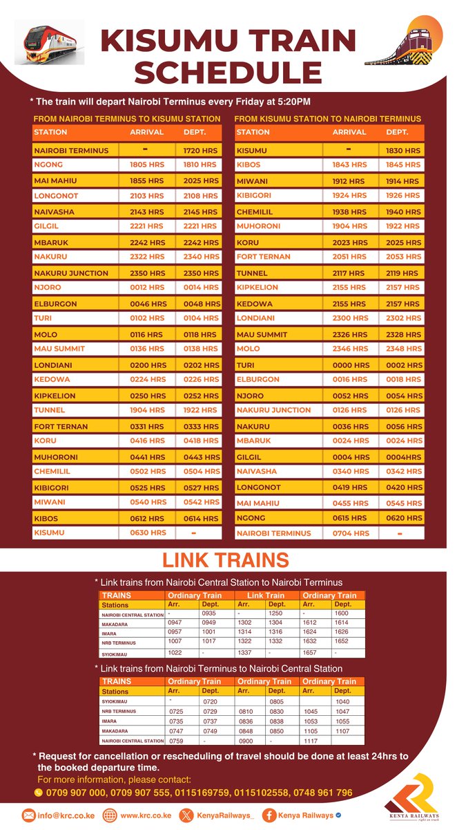 KenyaRailways_'s tweet photo. Please review the schedule below for adequate preparation.
Thank you for choosing our service! https://t.co/28nDsi4VbZ